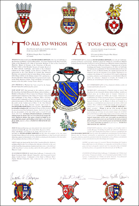 Letters patent registering the heraldic emblems of David George Bowyer