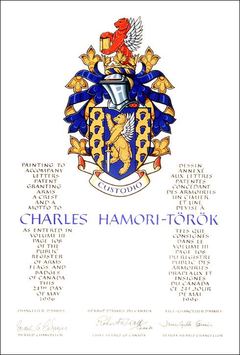 Letters patent granting heraldic emblems to Charles Hamori-Török