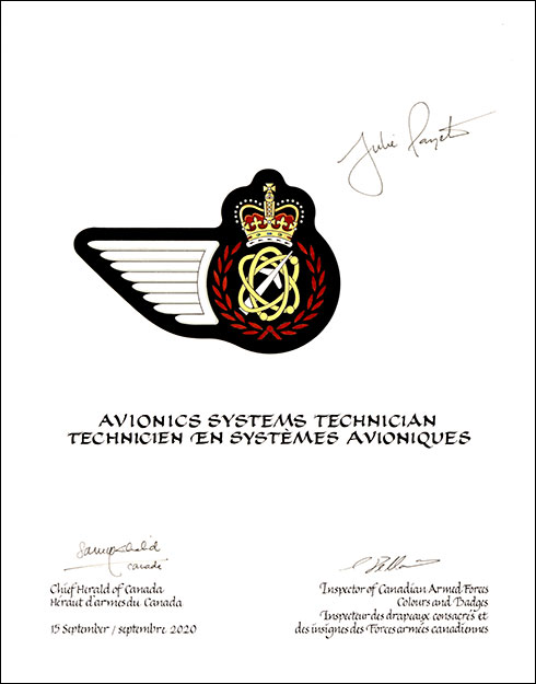 Lettres patentes approuvant les emblèmes héraldiques d'un Technicien en systèmes avioniques de l’Aviation royale canadienne