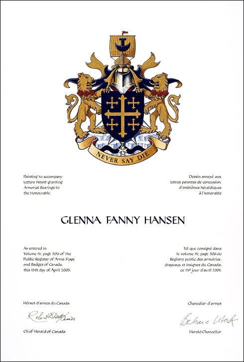 Letters patent granting heraldic emblems to Glenna Fanny Hansen