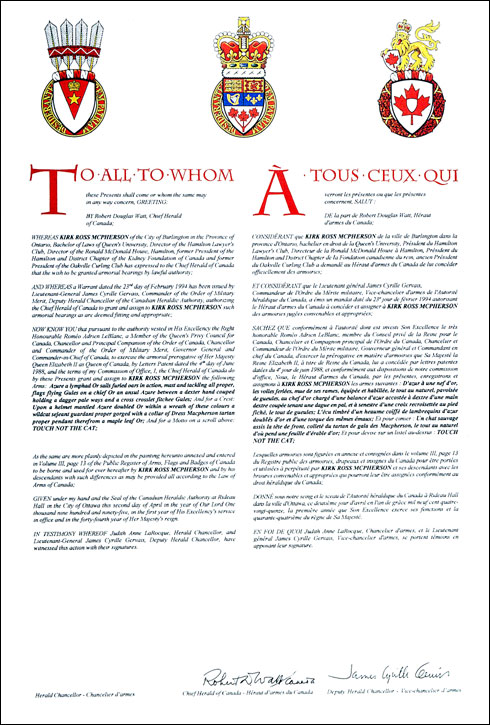 Lettres patentes concédant des emblèmes héraldiques à Kirk Ross Mc Pherson