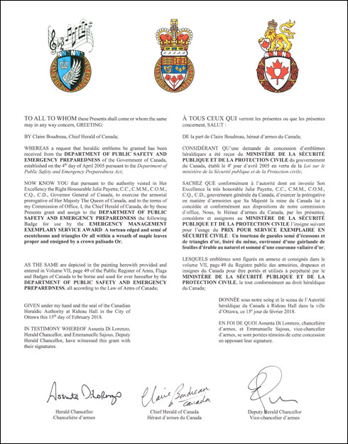 Letters patent granting heraldic emblems to the Department of Public Safety and Emergency Preparedness