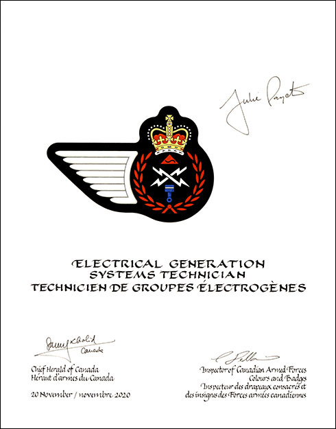Lettres patentes approuvantles emblèmes héraldiques du Technicien de groupes électrogènes de l’Aviation royale canadienne