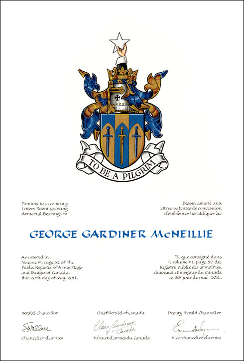 Letters patent granting heraldic emblems to George Gardiner McNeillie