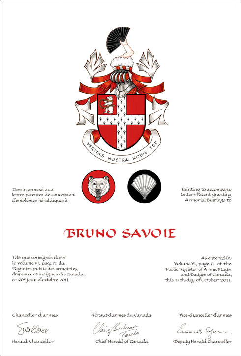 Letters patent granting heraldic emblems to Bruno Savoie