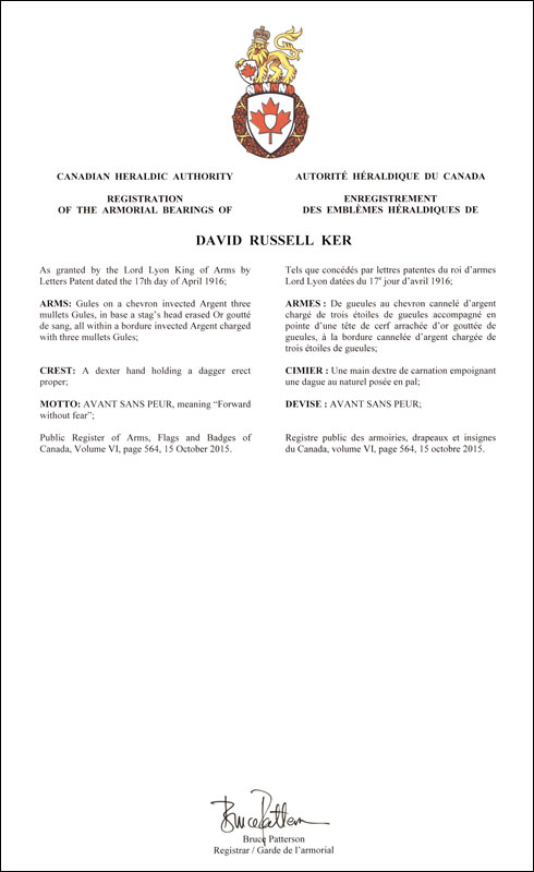 Lettres patentes enregistrant les emblèmes héraldiques de David Russell Ker