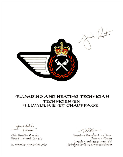Lettres patentes approuvant les emblèmes héraldiques du Technicien en plomberie et chauffage de l’Aviation royale canadienne