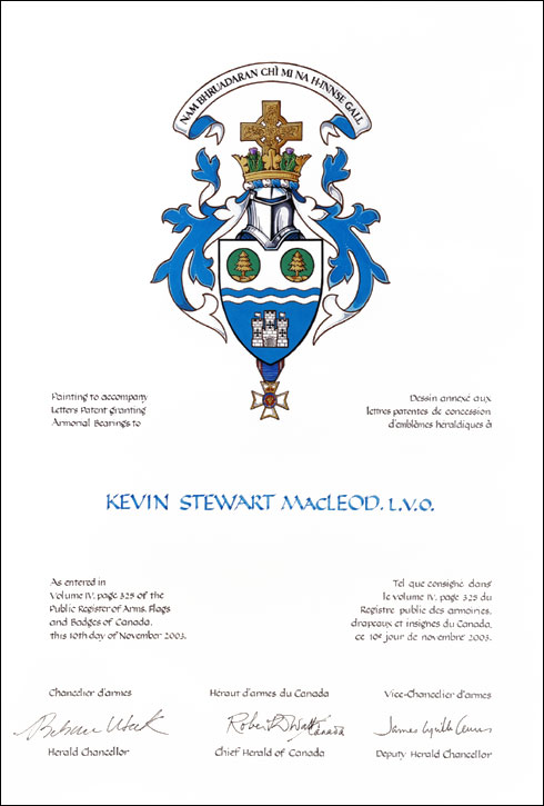Letters patent granting heraldic emblems to Kevin Stewart MacLeod