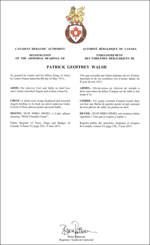 Letters patent registering the heraldic emblems of Patrick Geoffrey Walsh