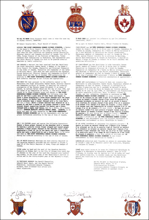 Letters patent granting heraldic emblems to Edward Richard Schreyer