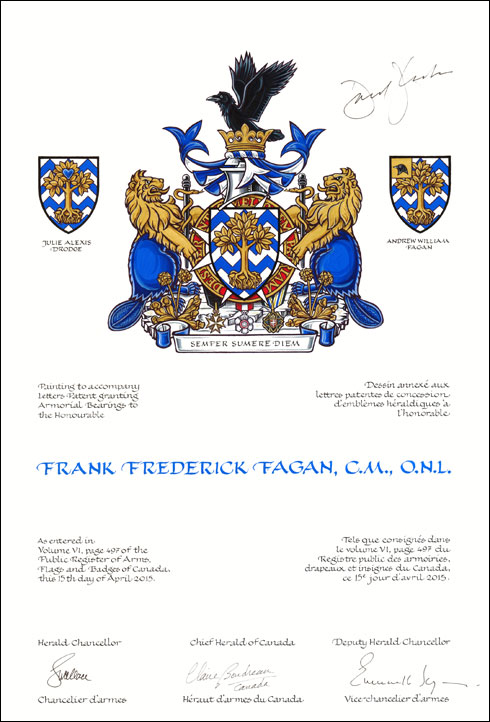 Lettres patentes concédant des emblèmes héraldiques à Frank Frederick Fagan