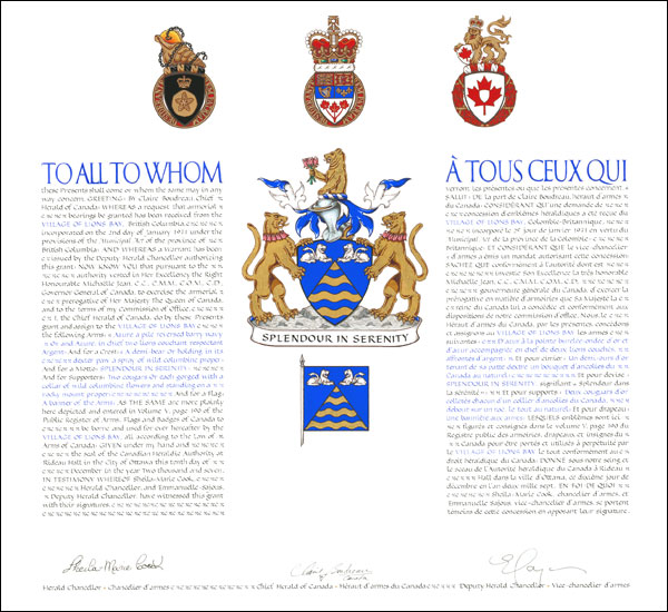 Letters patent granting heraldic emblems to the Village of Lions Bay
