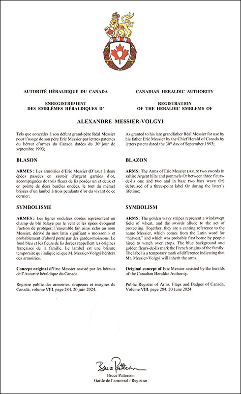 Lettres patentes enregistrant les emblèmes héraldiques d'Alexandre Messier-Volgyi