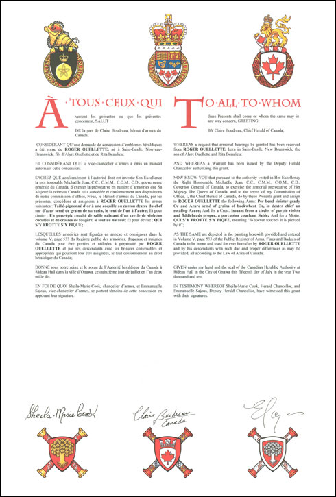 Letters patent granting heraldic emblems to Roger Ouellette