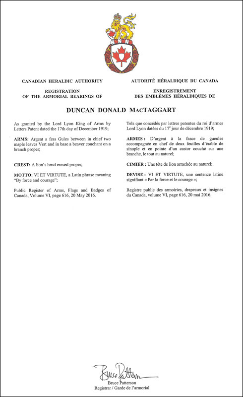 Lettres patentes enregistrant les emblèmes héraldiques de Duncan Donald MacTaggart