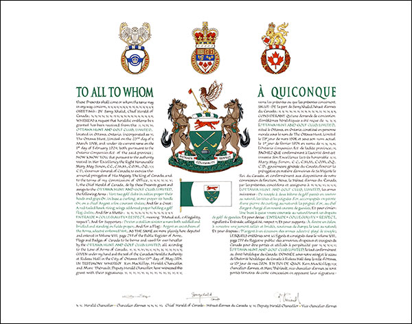 Lettres patentes concédant des emblèmes héraldiques à l'Ottawa Hunt and Golf Club, Limited
