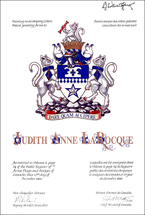 Lettres patentes concédant des emblèmes héraldiques à Judith Anne LaRocque
