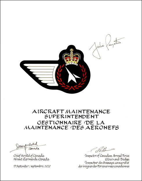 Letters patent approving the heraldic emblems of an Aircraft Maintenance Superintendent