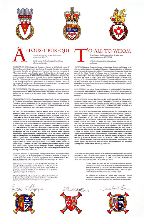 Letters patent granting heraldic emblems to L'Association des Bourgeois d'Acadie Inc.