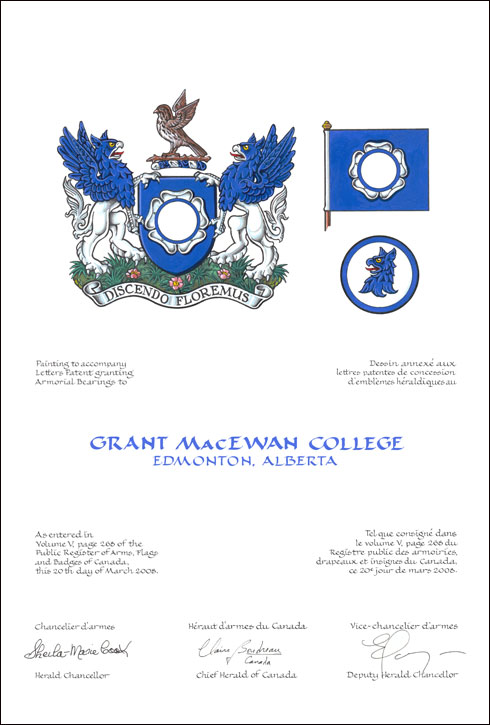 Letters patent granting heraldic emblems to Grant MacEwan College