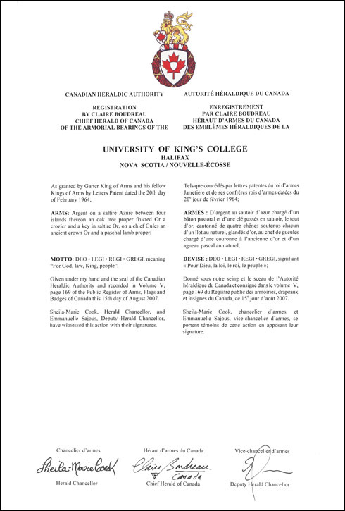 Letters patent registering the Armorial Bearins of the University of King’s College