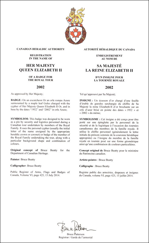 Letters patent registering the heraldic emblems of Queen Elizabeth II