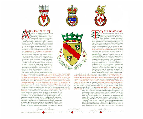 Letters patent granting heraldic emblems to the Municipality of the Township of Grenville