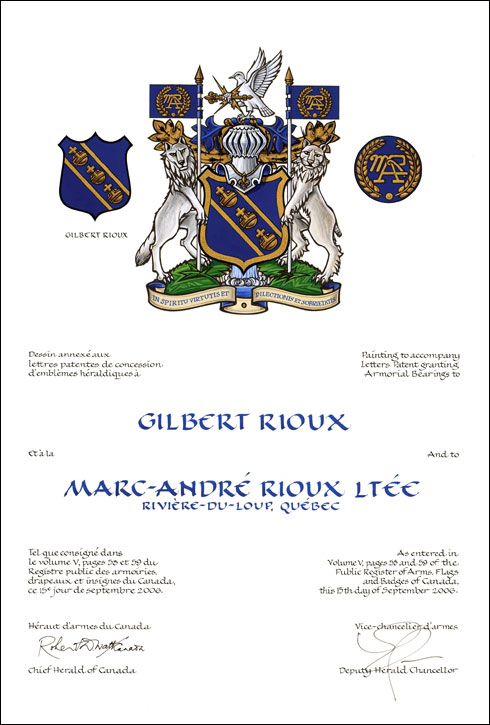 Lettres patentes concédant des emblèmes héraldiques à la Marc-André Rioux Ltée