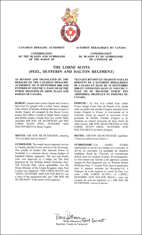 Lettres patentes confirmant le blasonnement de l'insigne de The Lorne Scots (Peel, Dufferin and Halton Regiment)