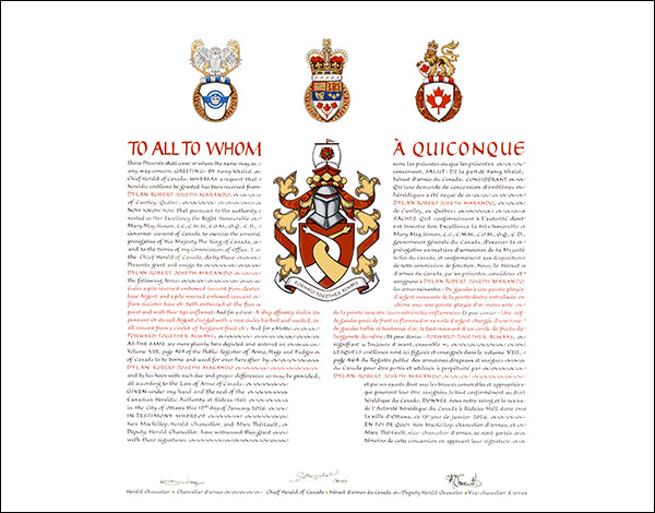 Letters patent granting heraldic emblems to Dylan Robert Joseph Marando