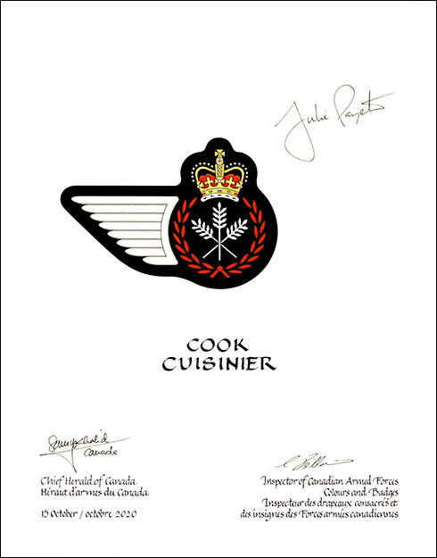 Lettres patentes approuvantles emblèmes héraldiques du Cuisinier de l’Aviation royale canadienne