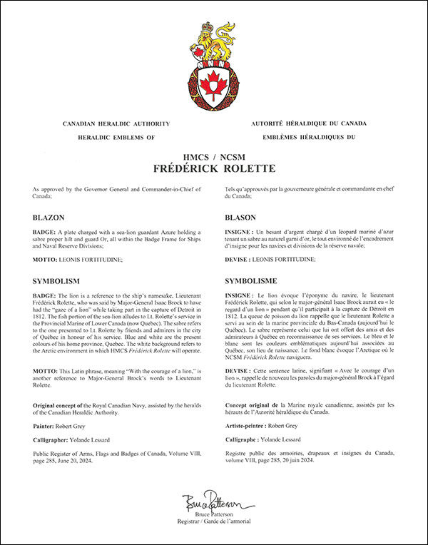 Lettres patentes approuvant l’insigne du NCSM Frédérick Rolette