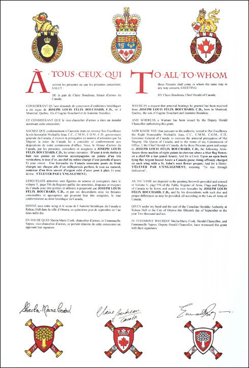 Letters patent granting heraldic emblems to Félix Bouchard