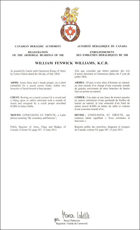 Lettres patentes enregistrant les emblèmes héraldiques de William Fenwick Williams