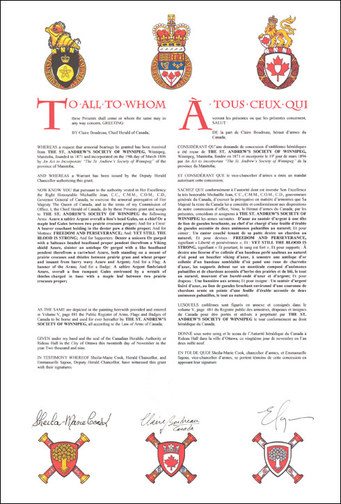Letters patent granting heraldic emblems to The St. Andrew's Society of Winnipeg