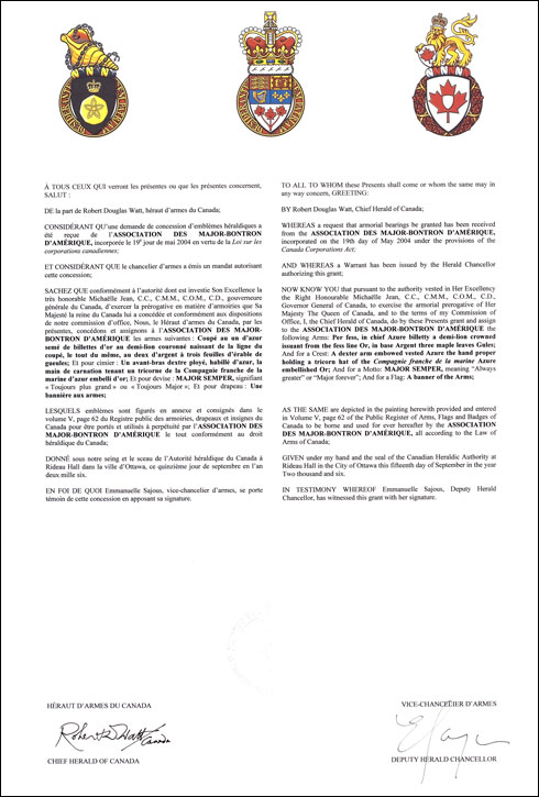 Lettres patentes concédant des emblèmes héraldiques à l'Association des Major-Bontron d'Amérique