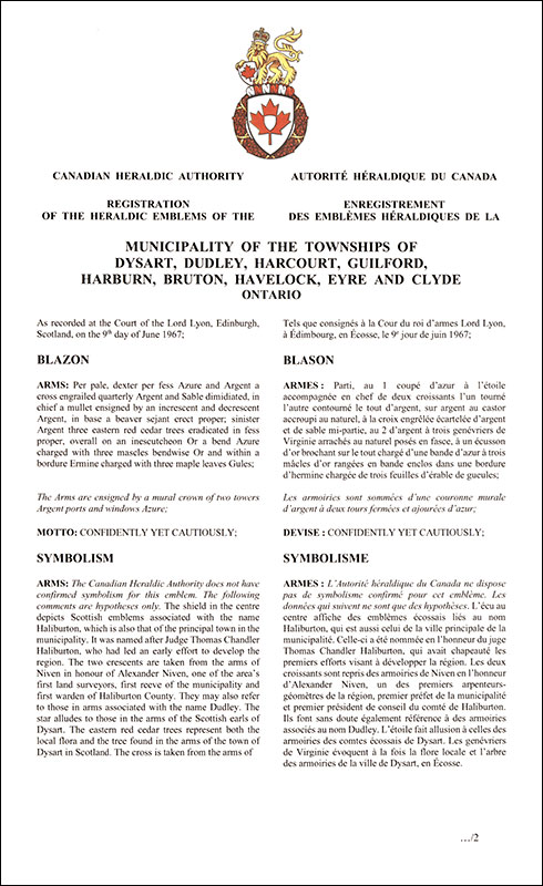Letters patent registering the heraldic emblems of the Municipality of the United Townships of Dysart