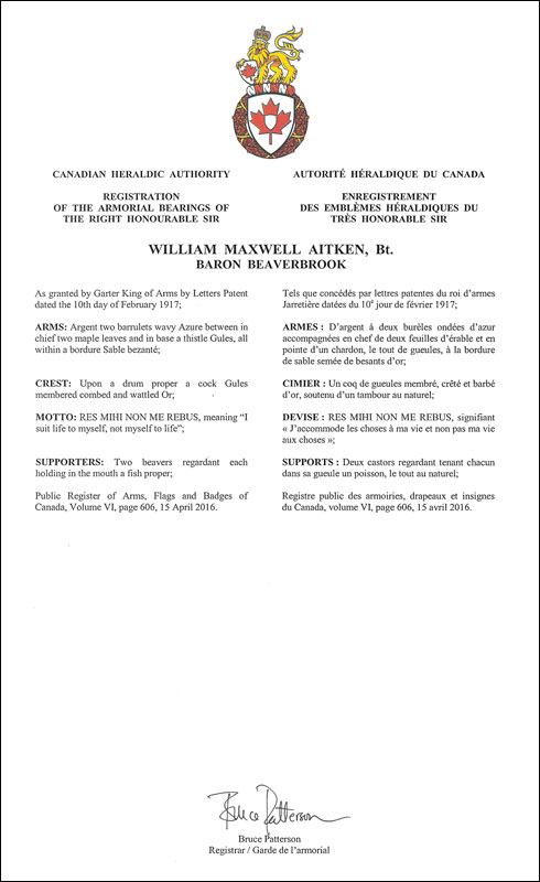 Letters patent registering the heraldic emblems of William Maxwell Aitken
