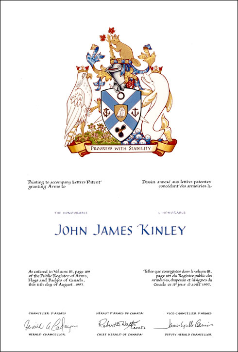 Letters patent granting heraldic emblems to John James Kinley