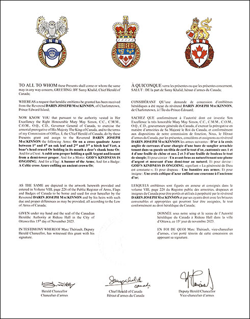 Lettres patentes concédant des emblèmes héraldiques à Darin Joseph MacKinnon