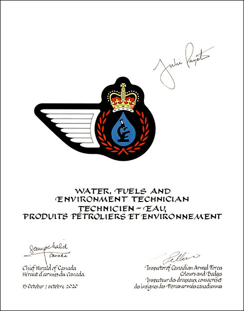 Lettres patentes approuvant les emblèmes héraldiques du Technicien – eau, produits pétroliers et environnement de l’Aviation royale canadienne