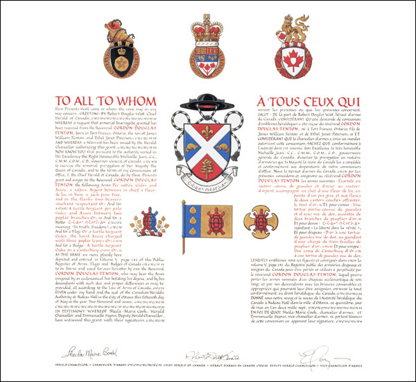 Letters patent granting heraldic emblems to Gordon Douglas Fenton