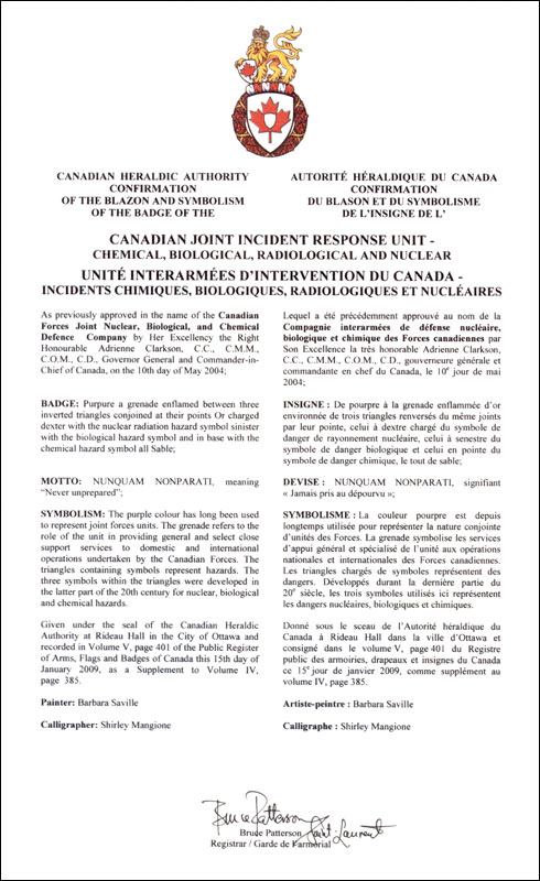 Letters patent confirming the blazon of the Badge of the Canadian Joint Incident Response Unit