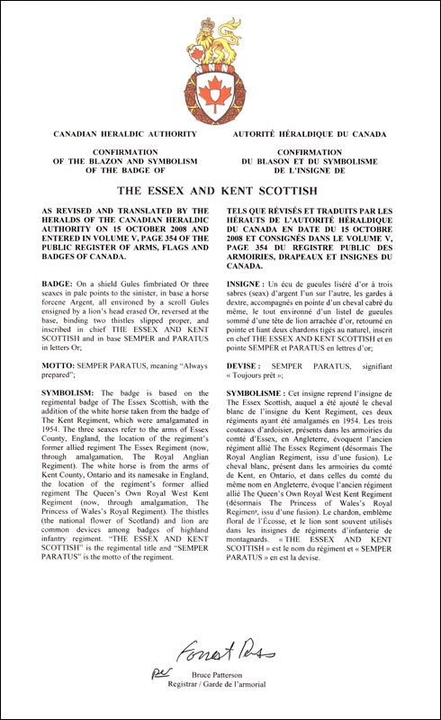 Lettres patentes confirmant le blasonnement de l'insigne de The Essex and Kent Scottish