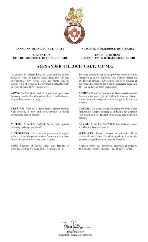 Letters patent registering the heraldic emblems of Alexander Tilloch Galt