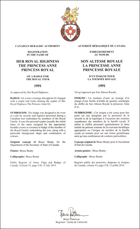 Lettres patentes enregistrant les emblèmes héraldiques de la princesse Anne, princesse royale