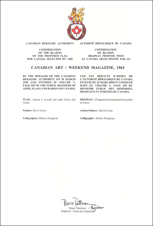 Letters patent confirming the blazon of the Proposed Flag: Canadian Art / Weekend Magazine, 1963