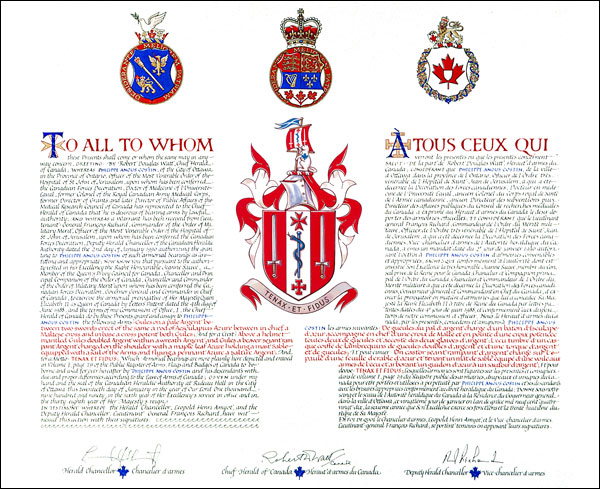 Letters patent granting heraldic emblems to Philippe Angus Costin