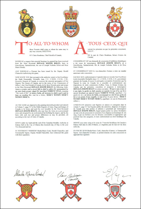 Letters patent granting heraldic emblems to Donald Joseph Bolen