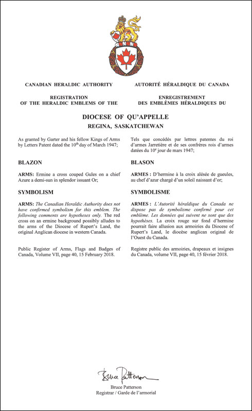 Lettres patentes enregistrant les emblèmes héraldiques du Diocese of Qu’Appelle